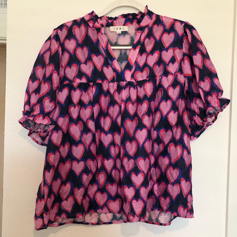 THML Heart Print Puff Sleeve Babydoll Blouse Top Size Large